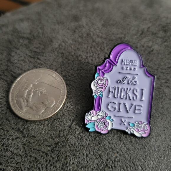 Here Lies All The F*cks I Give purple enamel tombstone pin - Picture 5 of 5